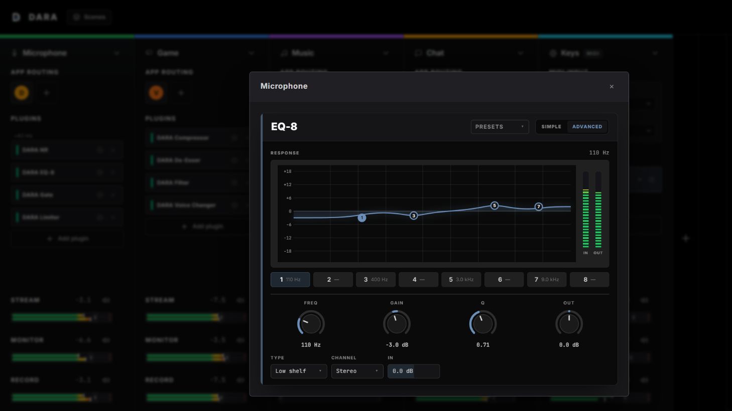 DARA’s native EQ-8 Advanced editor in Obsidian, showing the response curve, eight bands, input and output meters, and band controls.